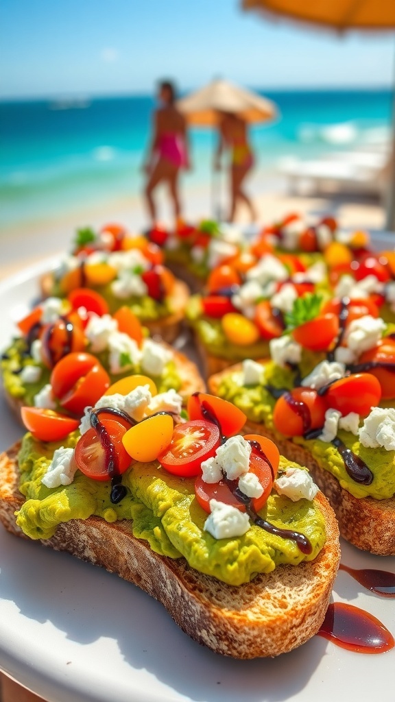 A colorful platter of avocado toast with tomatoes and feta, perfect for a bachelorette party by the coast.